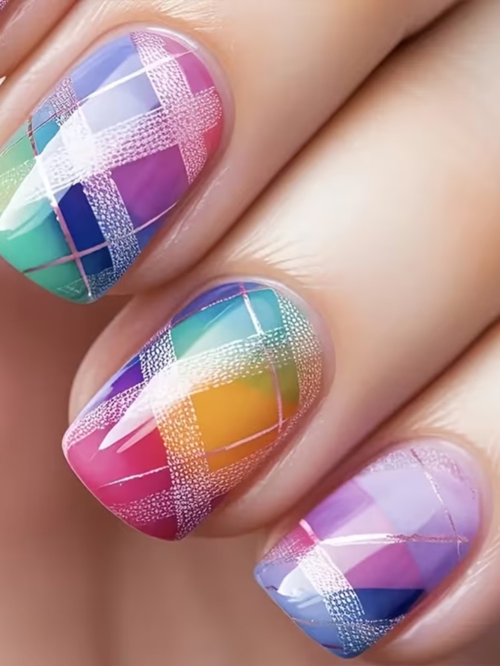 Colorful Plaid Press On Nails | Rainbow Tartan Abstract Nail Set Bright Y2K